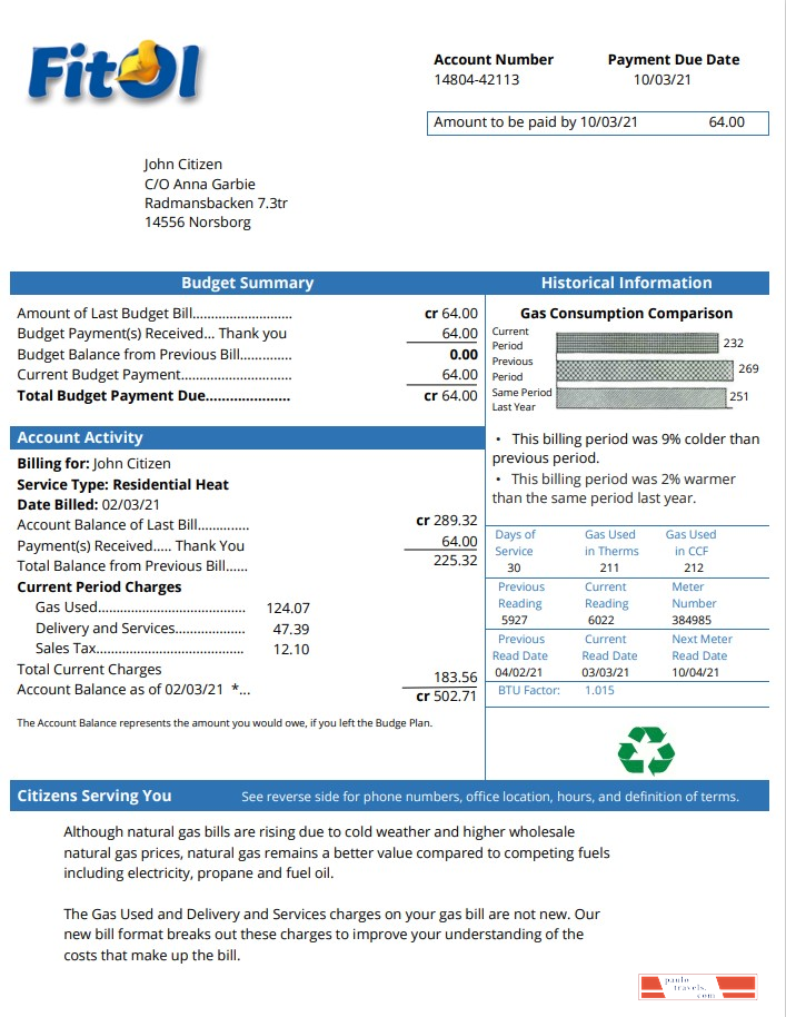 Sweden Fitol gas utility bill template in Word and PDF format
